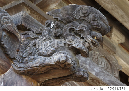 信州 諏訪の寺院 江音寺 山門の彫刻（獅子） 諏訪大隅流の棟梁 花岡源内豊之の建築の写真素材 [22918571] - PIXTA