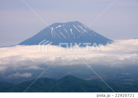 初夏の昆布岳から見た雲海に浮かぶ羊蹄山の写真素材