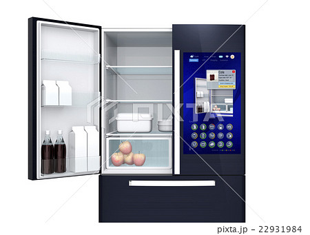 スマート冷蔵庫の扉にあるタッチスクリーンで食材残量や賞味期限確認管理コンセプトのイラスト素材