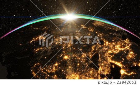 Highly detailed epic sunrise over world skyline.  22942053