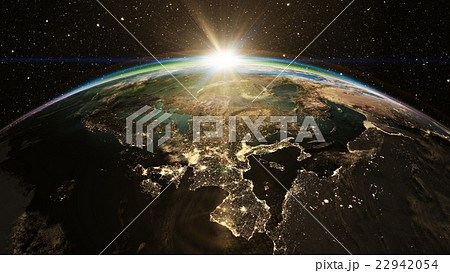 Highly detailed epic sunrise over world skyline. 22942054