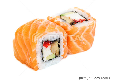 Uramaki maki sushi, two rolls isolated on white 22942863