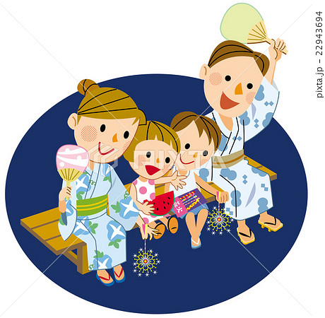 家族で花火 どっちが長く保つか頑張れ のイラスト素材