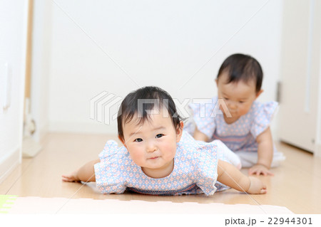 かわいい双子の赤ちゃん 日本人 アジア人の写真素材