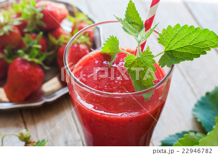 Glass Fresh Strawberry Smoothie Juice Fruits Mint 22946782