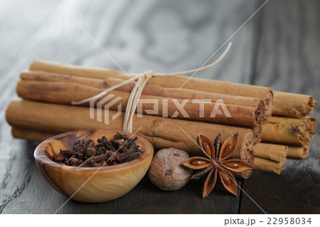 bunch of cinnamon sticks with nutmeg, anise bunch of cinnamon sticks with nutmeg, anise 22958034