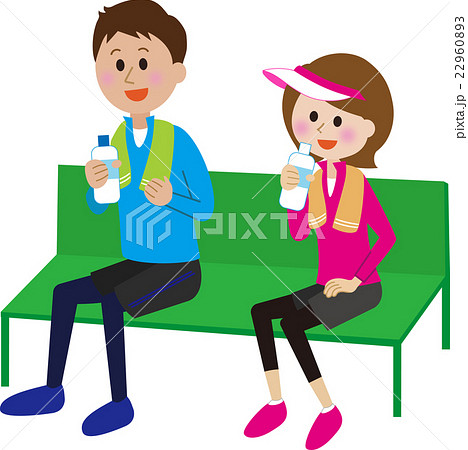 ベンチで休憩する若いカップル 笑顔のイラスト素材