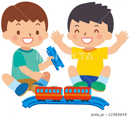 電車のおもちゃで遊ぶ子供のイラスト素材