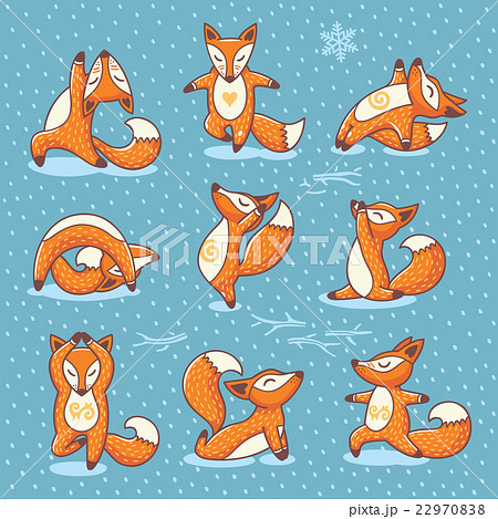Set Of Cartoon Funny Red Foxes Doing Yoga In Snowのイラスト素材