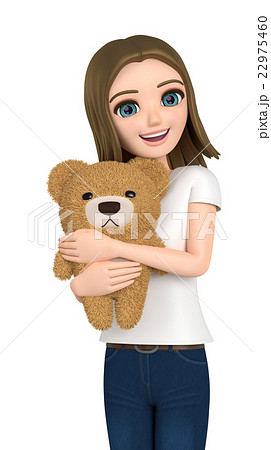 Tシャツを着た少女は クマのぬいぐるみを抱えている のイラスト素材