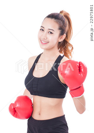 woman boxing wearing boxing red gloves woman boxing wearing boxing red gloves 22975801
