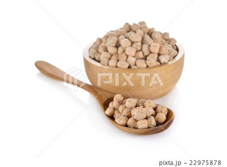 garbanzo beans in wooden bowl and spoon on white 22975878
