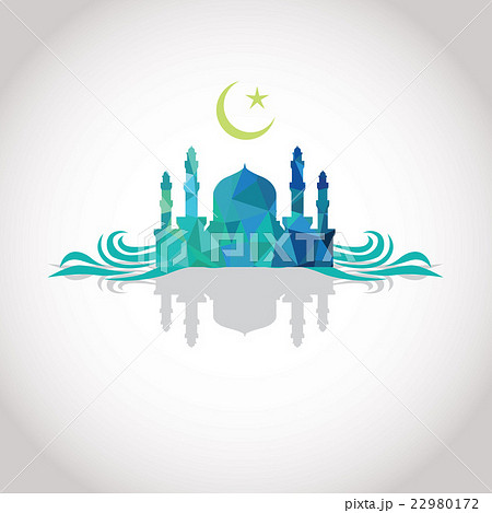 Mosque and Crescent moon, wave, shadow, blue color Mosque and Crescent moon, wave, shadow, blue color 22980172