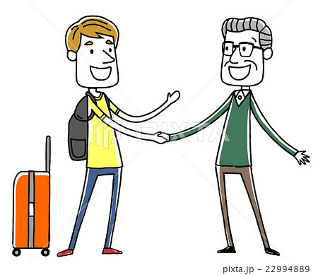 外国人旅行者と握手するシニアの男性のイラスト素材