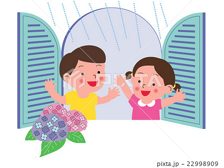雨降る窓辺の子供とあじさい  22998909