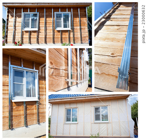 Collage with process of external wall insulation in wooden house 23000632