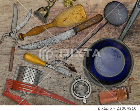 vintage set for cooking over wooden table 23004810