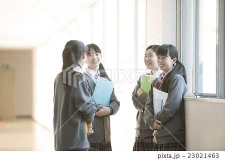 廊下で談笑をする女子学生 23021463