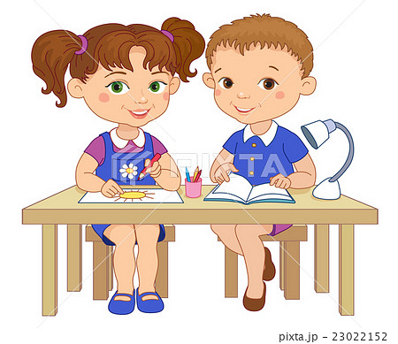 Funny pupils sit on desks read draw clay cartoon Funny pupils sit on desks read draw clay cartoon 23022152