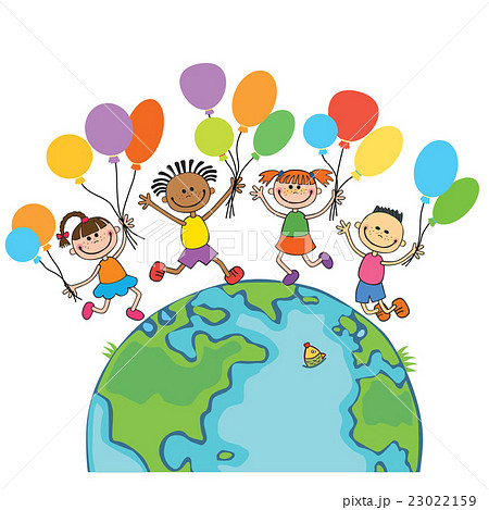 four happy jumping kids round the globe, with 23022159