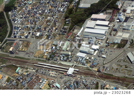 北陸本線の芦原温泉駅付近を空撮の写真素材