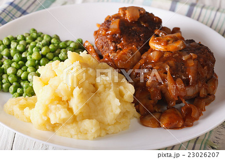 Salisbury steak with gravy, mashed potatoes  23026207