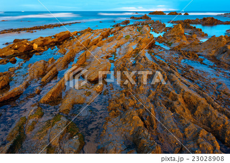 Twilight ocean coast with ribbed stratiform rock. 23028908