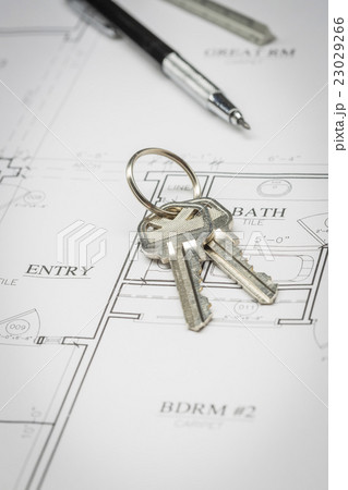 Engineer Pencil, Ruler and Keys On House Plans Engineer Pencil, Ruler and Keys On House Plans 23029266
