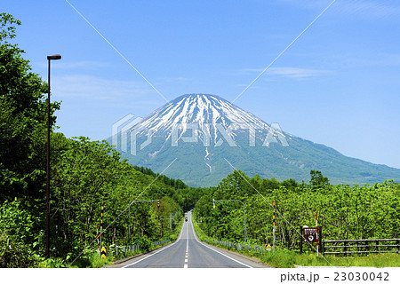 羊蹄山と一本道の写真素材