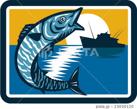 Wahoo Fish Jumping Fishing Boat Square Retro 23030120