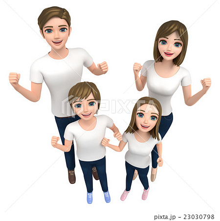 Tシャツを着た4人家族がガッツポーズをしている のイラスト素材
