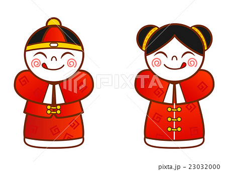 中国の伝統衣装を着た女の子と男の子のイラスト素材