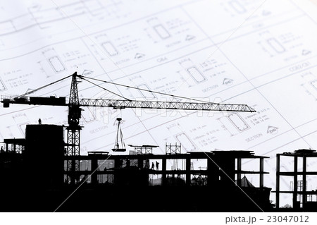 Construction site with cranes on silhouette Construction site with cranes on silhouette 23047012