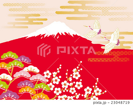 鶴と赤富士のイラスト素材