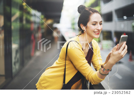 Woman Listening Music Media Entertainment Traveling Concept 23052562