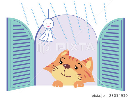雨降る窓辺の猫とてるてる坊主 のイラスト素材