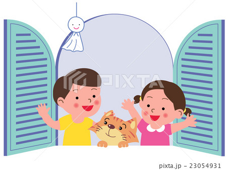 窓辺の子供と猫とてるてる坊主   23054931