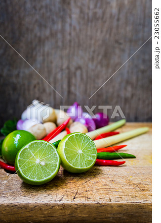 Close up ngredients Thai food (tom yum) on wood 23055662