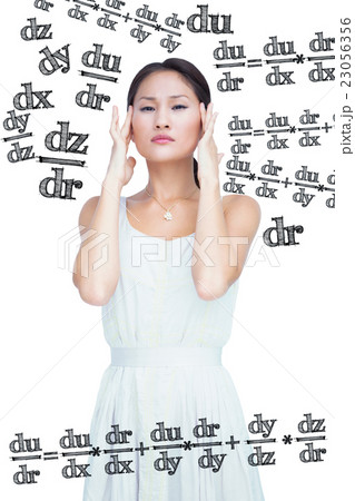 Composite image of concerned woman posing and looking at camera 23056356