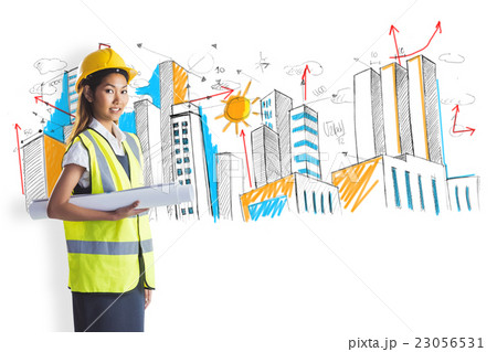 Composite image of architect woman with yellow helmet and plans Composite image of architect woman with yellow helmet and plans 23056531