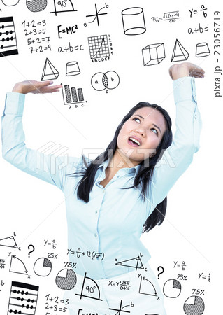 Composite image of worried businesswoman pushing something up Composite image of worried businesswoman pushing something up 23056719