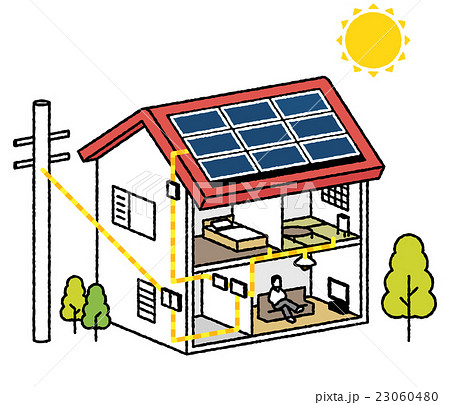 太陽光発電と家の断面 文字なし のイラスト素材