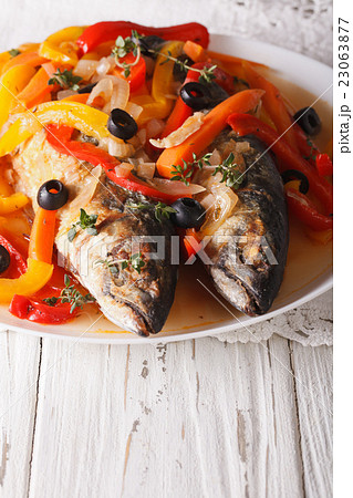 Mackerel in vegetable marinade close-up 23063877