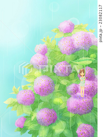 あじさいと女の子タテ（雨ピンク） 23082117