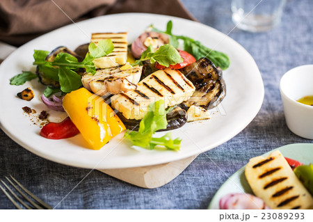 Grilled Halloumi with aubergine and pepper salad Grilled Halloumi with aubergine and pepper salad 23089293