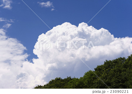 新緑の森林から空高く発達した真夏の象徴入道雲積乱雲晴天青空の背景イメージ完成予想図パース素材の写真素材