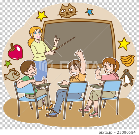 一緒に英語の勉強しよう♪（先生と生徒＋黒板＋挿絵＋背景） 23090584