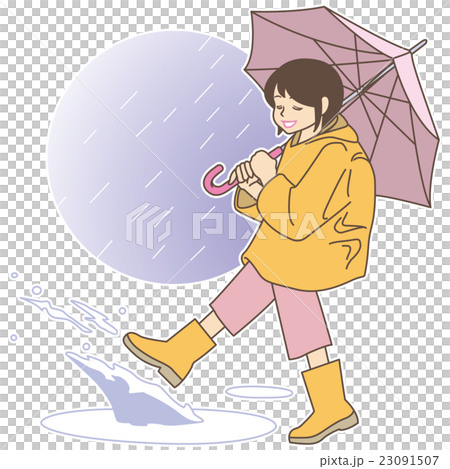 使用與踢池的小學女孩。 (雨衣+水池+水濺+雨天背景) 使用與踢池的小學女孩。 (雨衣+水池+水濺+雨天背景) 23091507