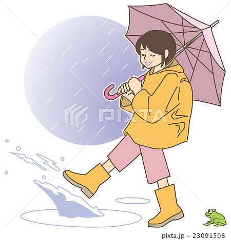 水溜まりを蹴って遊ぶ小学生の女の子 レインコート 水たまり 水飛沫 雨降りの背景 雨蛙 のイラスト素材