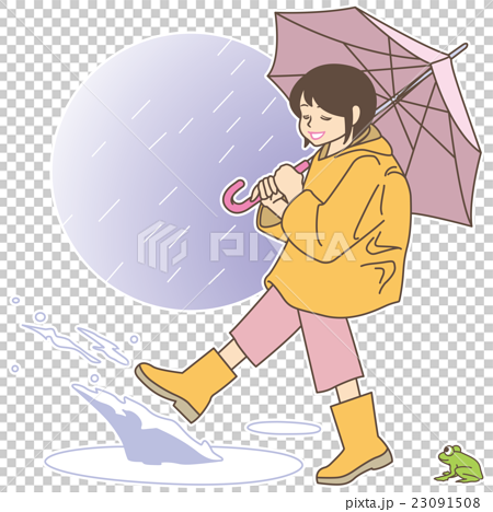 水溜まりを蹴って遊ぶ小学生の女の子 レインコート 水たまり 水飛沫 雨降りの背景 雨蛙 のイラスト素材